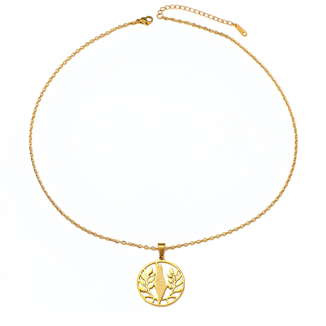 Palestine Map Olive Branch Necklace Stainless Steel Arabic Calligraphy