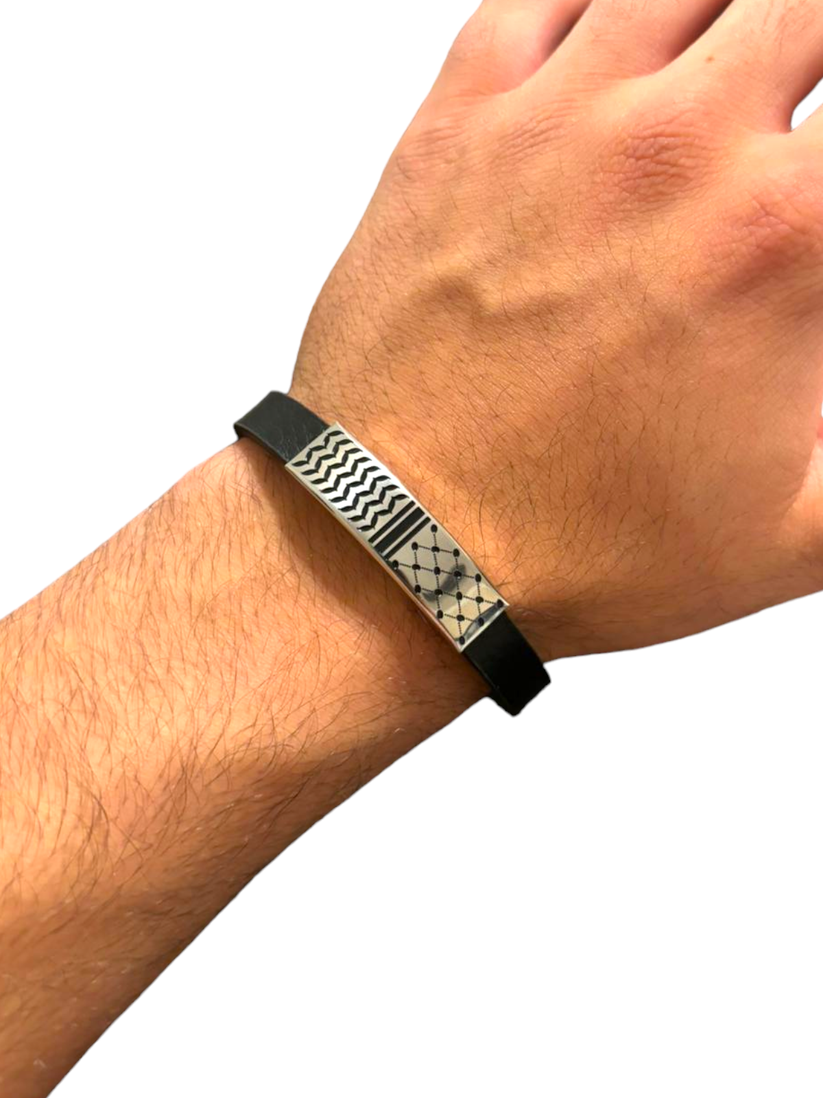 Keffiyeh Bracelet Stainless Steel - Kufiya on Black Strap