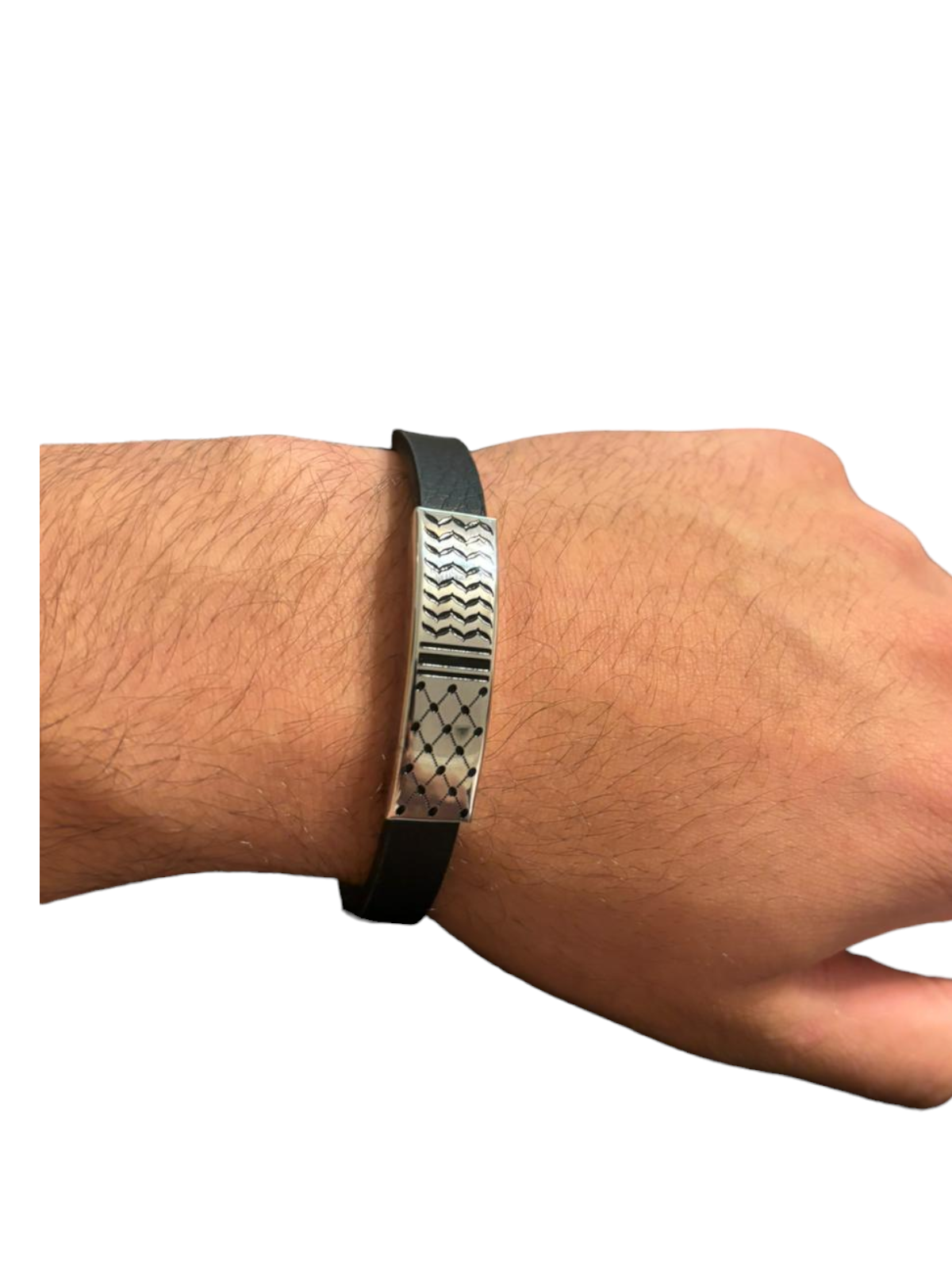 Keffiyeh Bracelet Stainless Steel - Kufiya on Black Strap