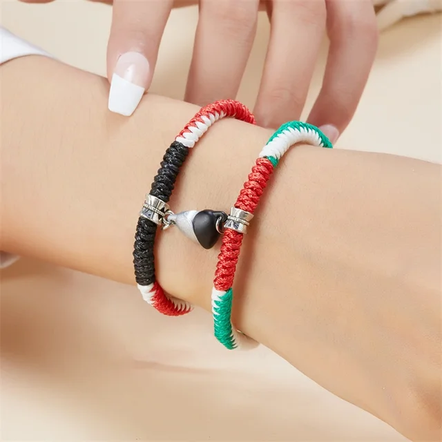 Braided Palestine Magnetic Linking Hearts Adjustable Bracelet Set