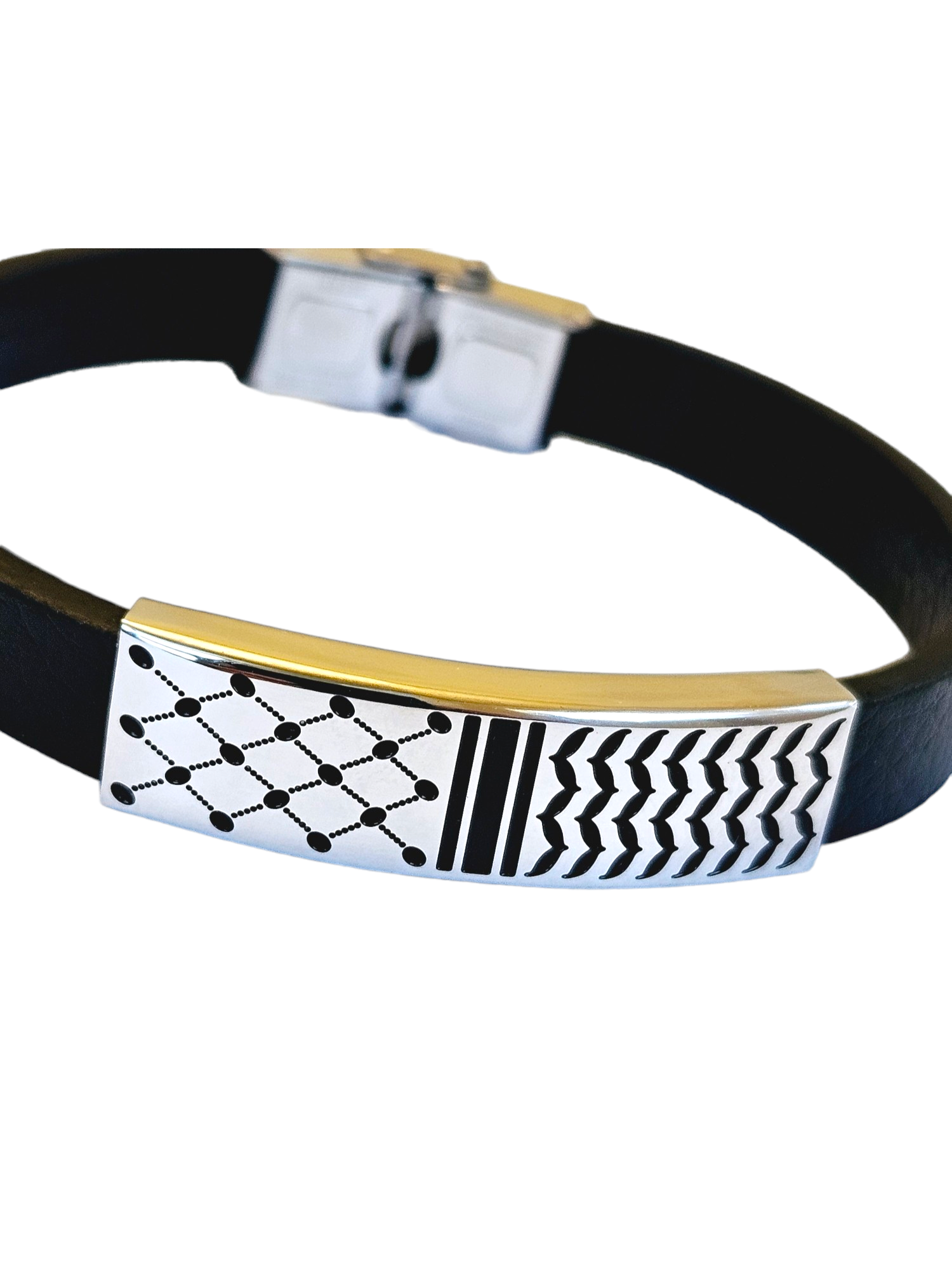 Keffiyeh Bracelet Stainless Steel - Kufiya on Black Strap