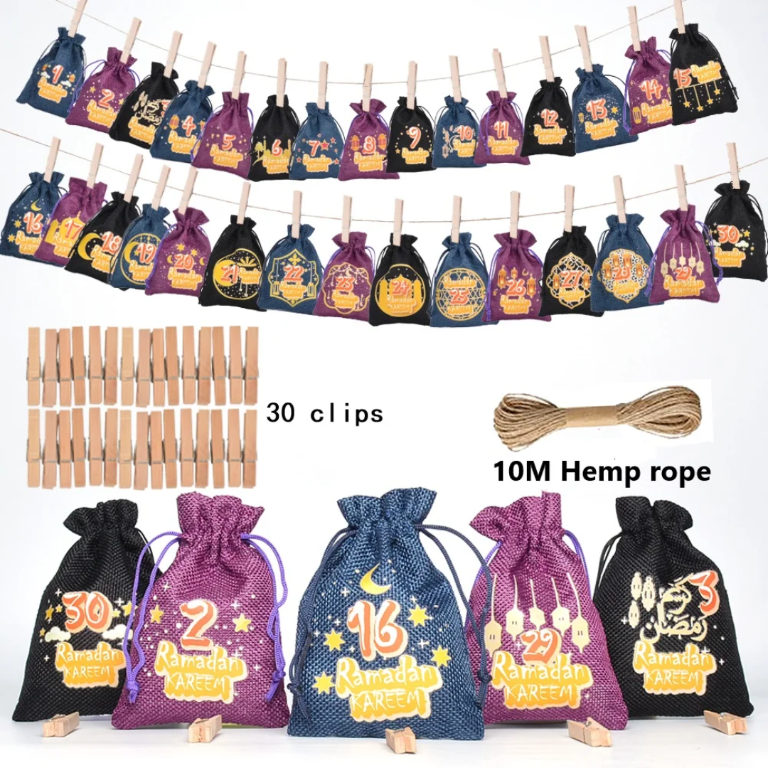 Ramadan Countdown Calender with Drawstring Gift Bag Set (1-30) with 30 clips & Hemp String Eid Decoration