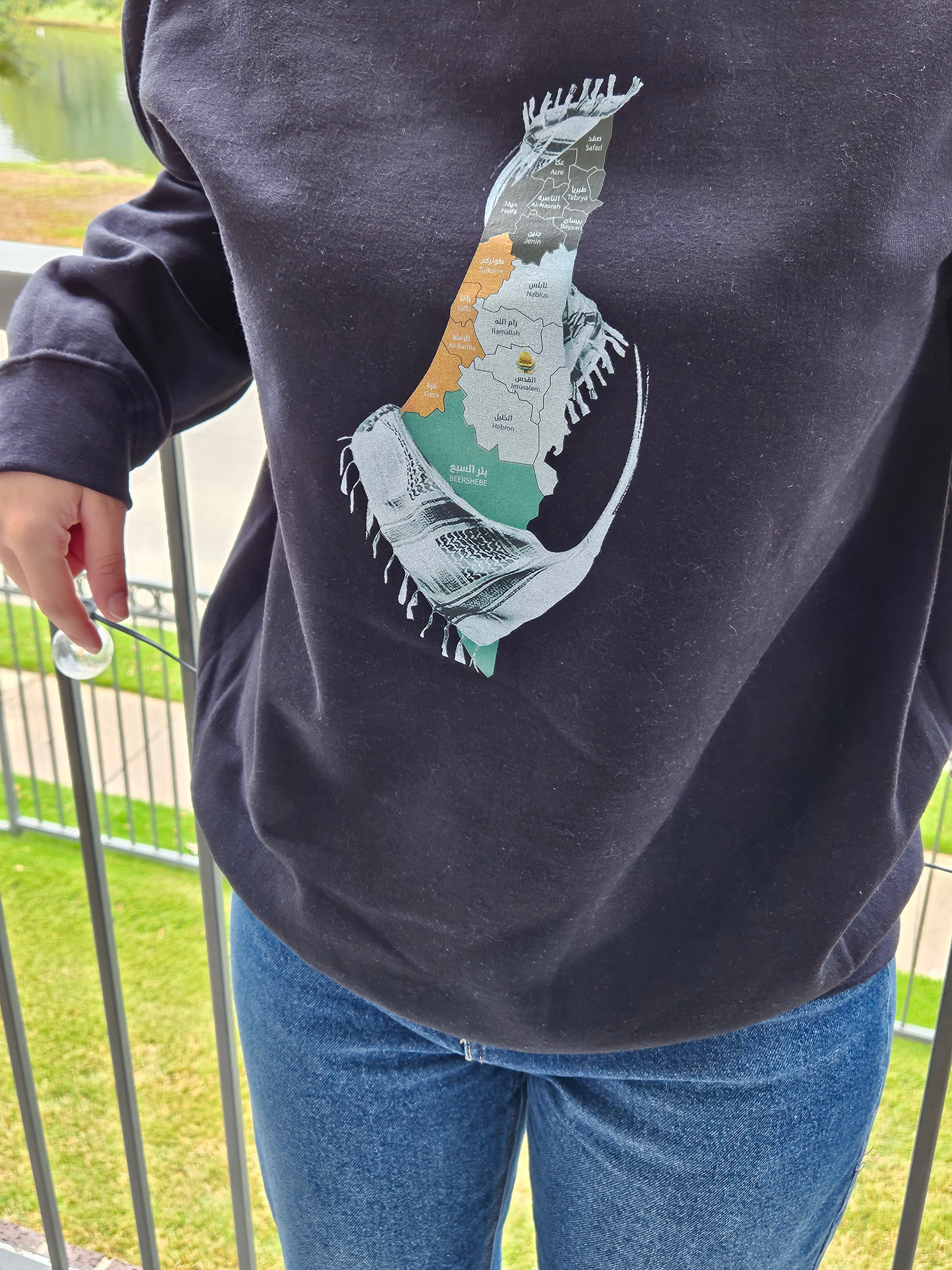 Palestine Map with Cities / Villages Hoodie, Long sleeve, or Crew Neck - Kids & Adult sizes - Habibi Heritage