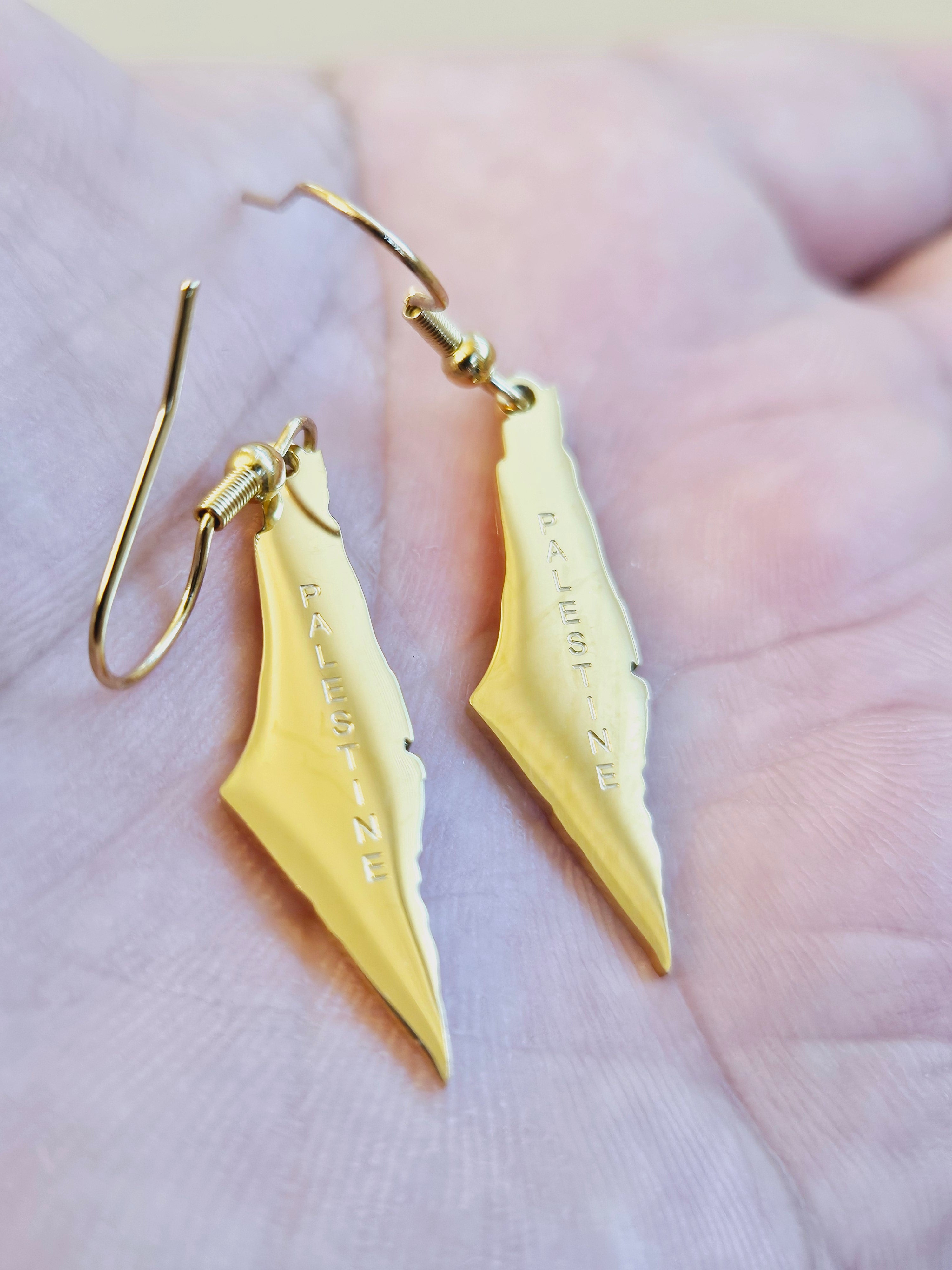 Palestine Map Earrings with the word Palestine