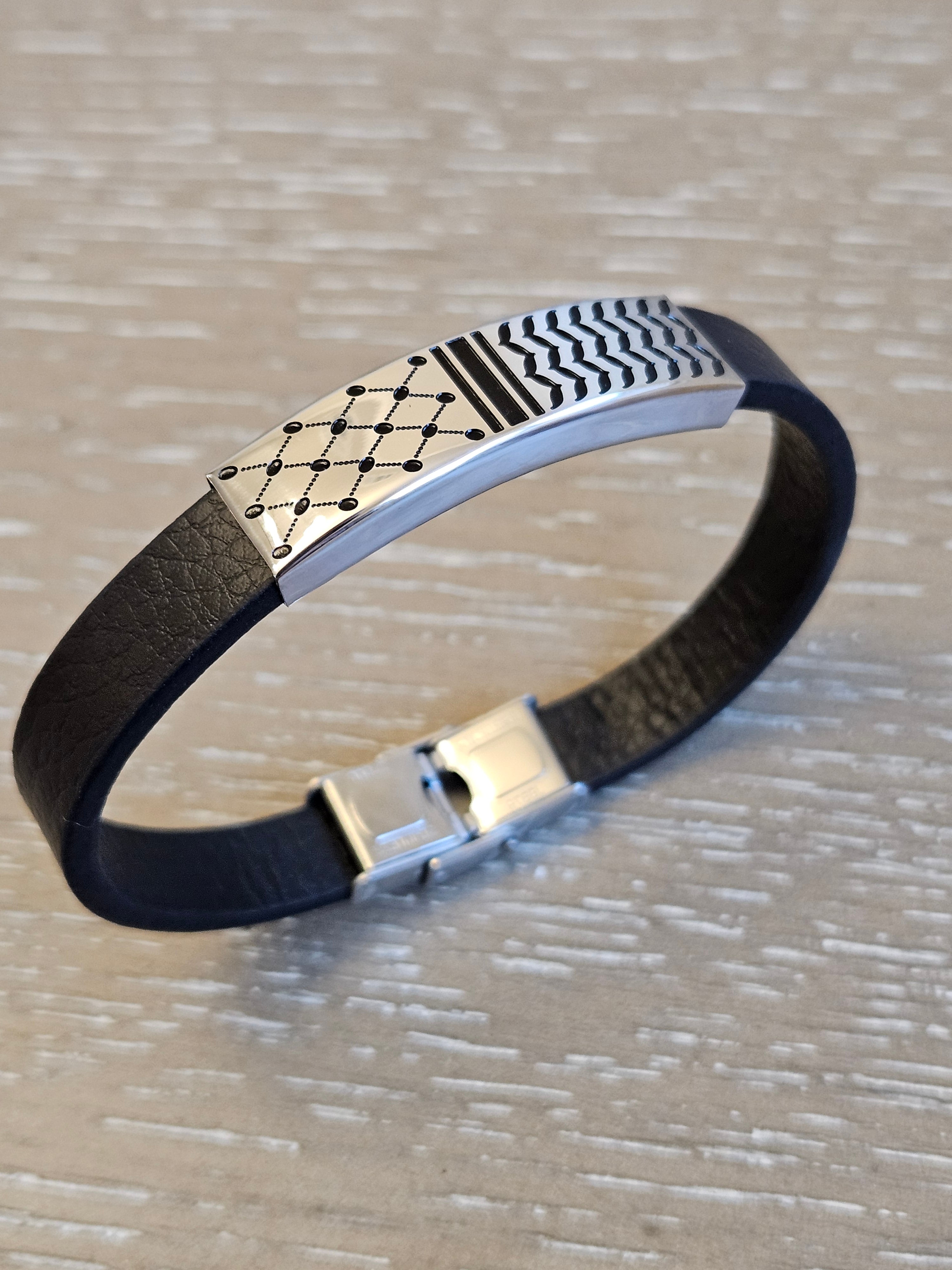 Keffiyeh Bracelet Stainless Steel - Kufiya on Black Strap