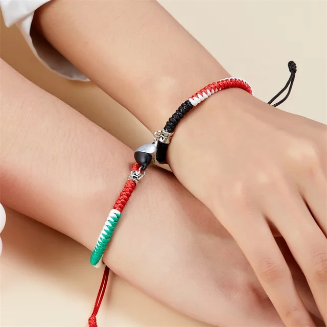 Braided Palestine Magnetic Linking Hearts Adjustable Bracelet Set