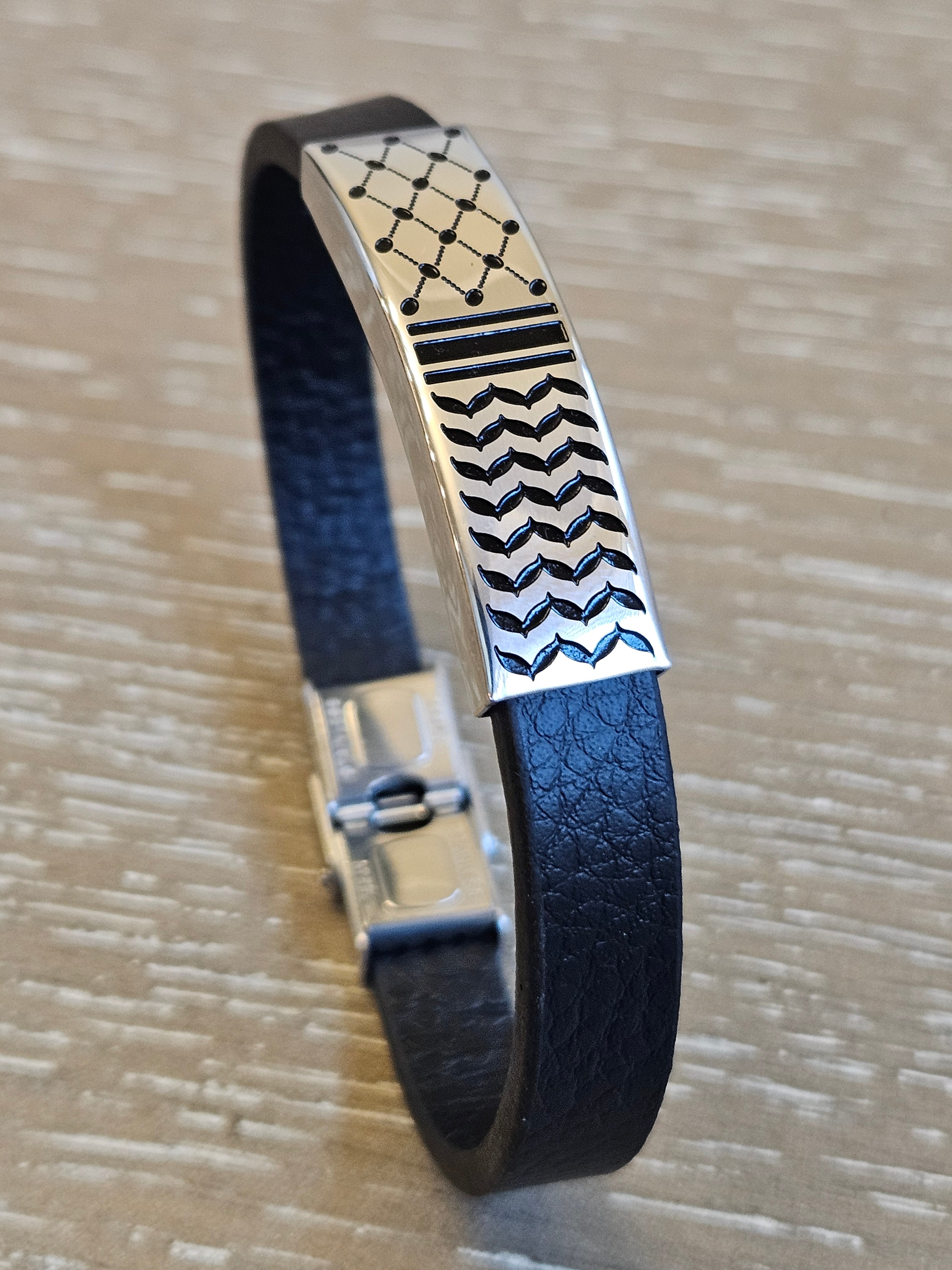 Keffiyeh Bracelet Stainless Steel - Kufiya on Black Strap