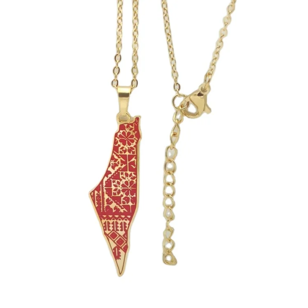 Palestine Tatreez Map Necklace Stainless Steel 18k Gold Plated Calligr