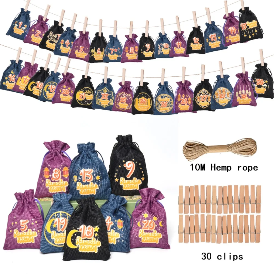 Ramadan Countdown Calender with Drawstring Gift Bag Set (1-30) with 30 clips & Hemp String Eid Decoration