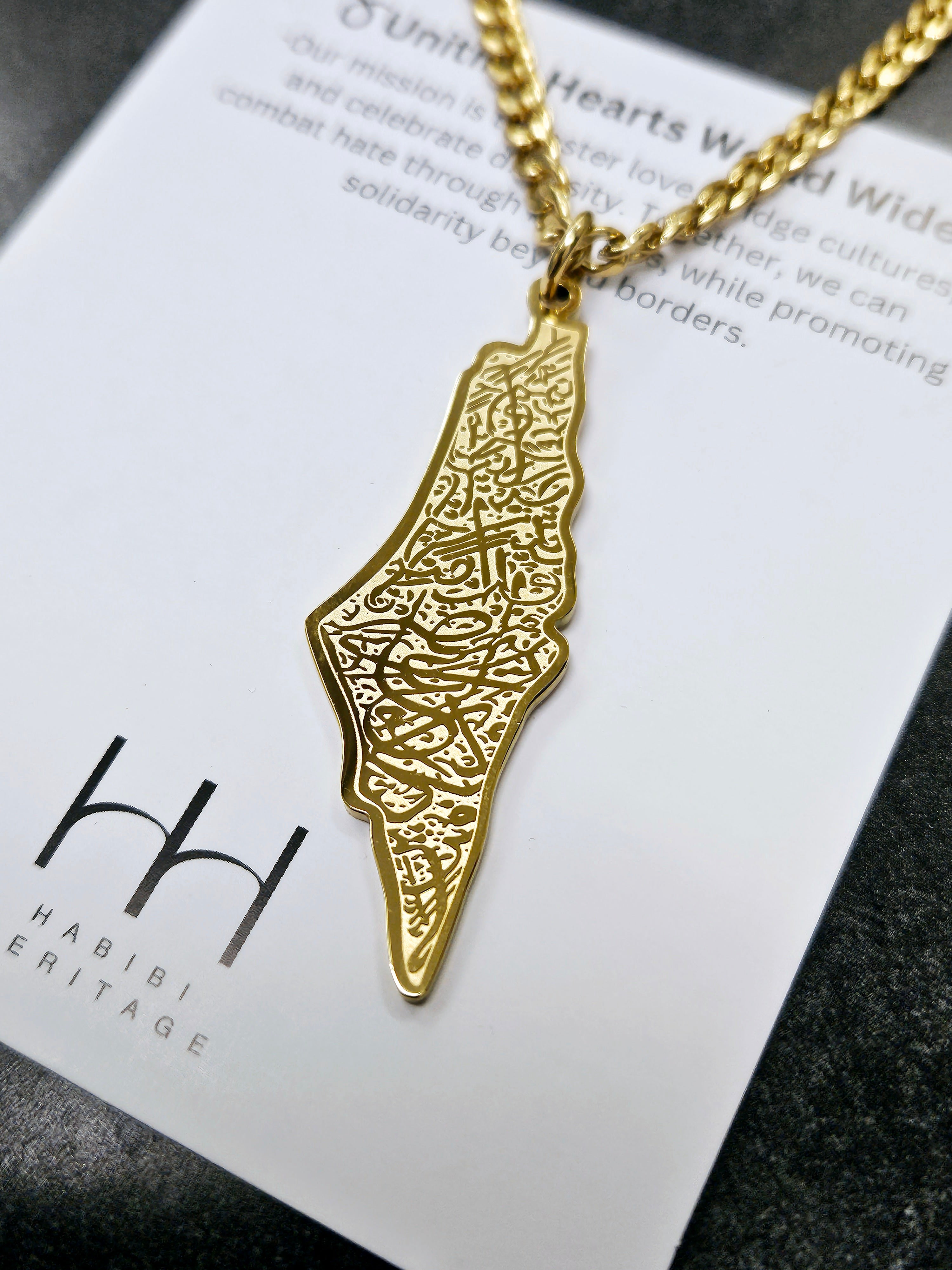 Palestine Map Necklace with Arabic Calligraphy - Habibi Heritage