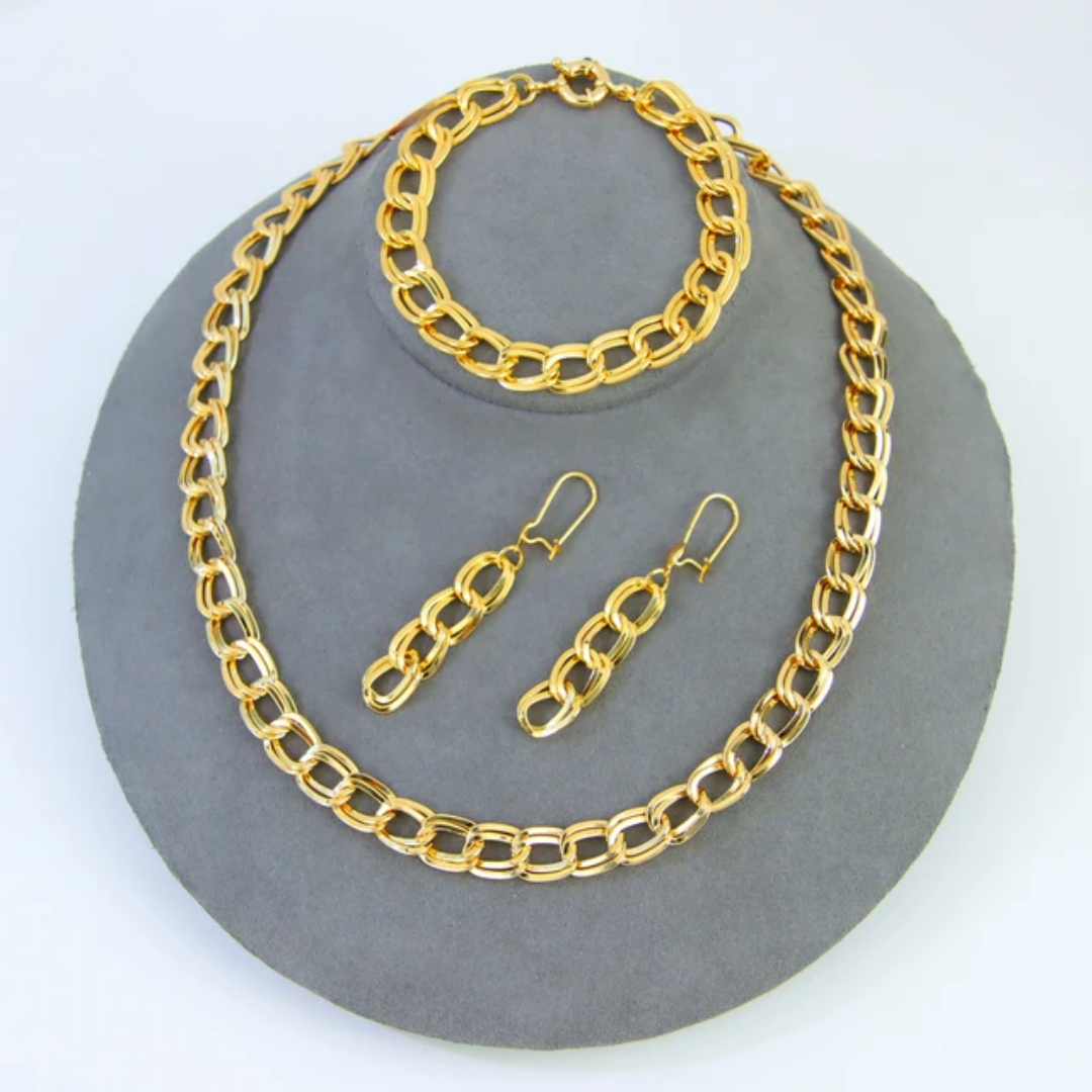 Cuban Link Chain Jewelry Set - Necklace, Earring, and Bracelet Matching Set