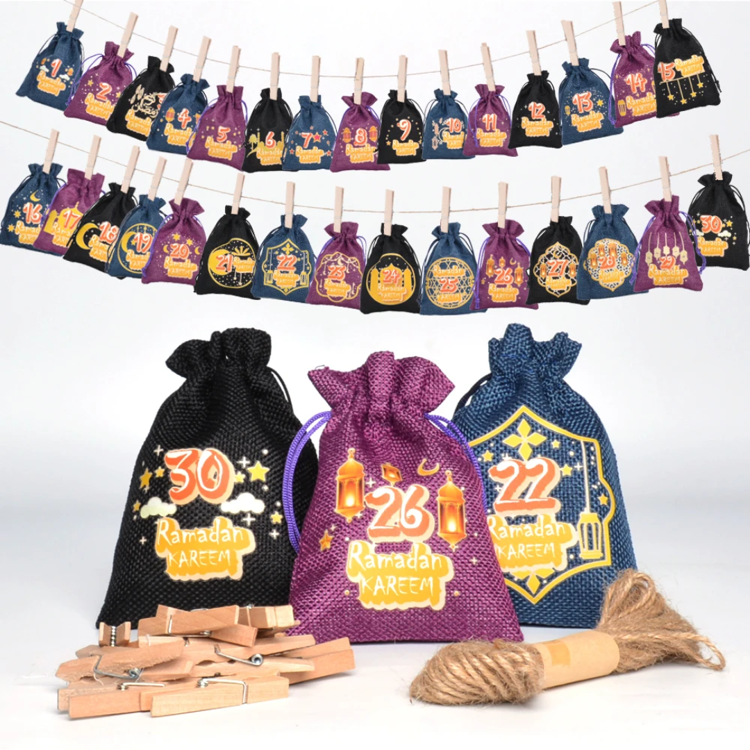 Ramadan Countdown Calender with Drawstring Gift Bag Set (1-30) with 30 clips & Hemp String Eid Decoration