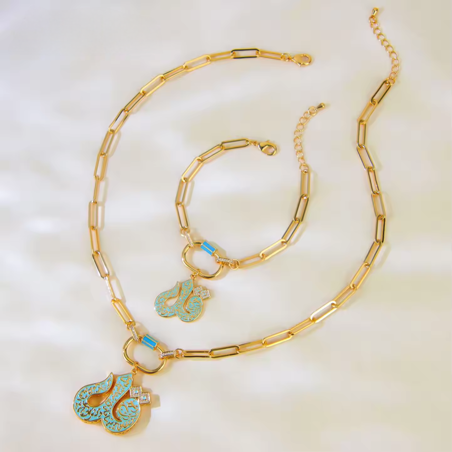 Allah Necklace and Matching Bracelet - Islamic Arabic Jewelry Set - 22k Gold Plated Brass Pendent Choker set